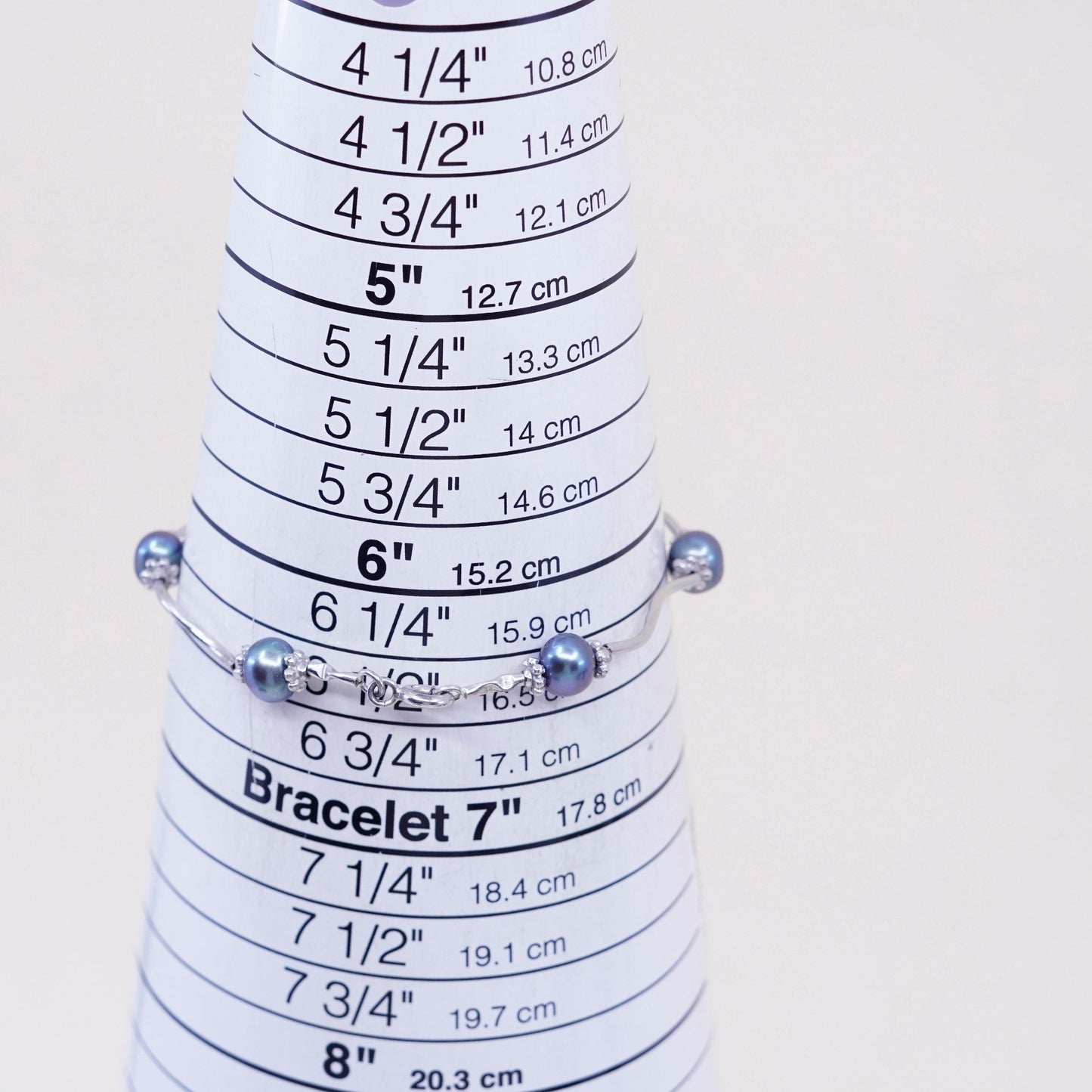 6.5”, vtg sterling silver handmade bracelet 925 wavy bar w/ black N white pearl