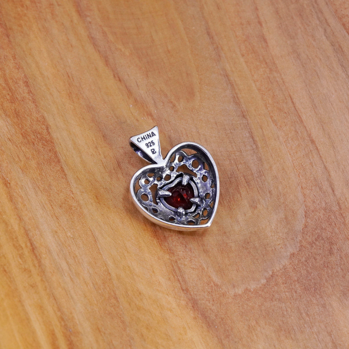 Vintage Sterling silver handmade pendant, 925 filigree heart with ruby
