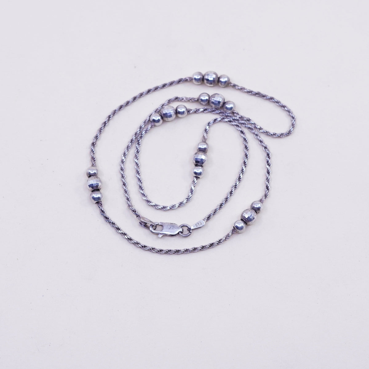 18” 1.6mm, vintage sterling silver necklace, 925 rope chain with beads