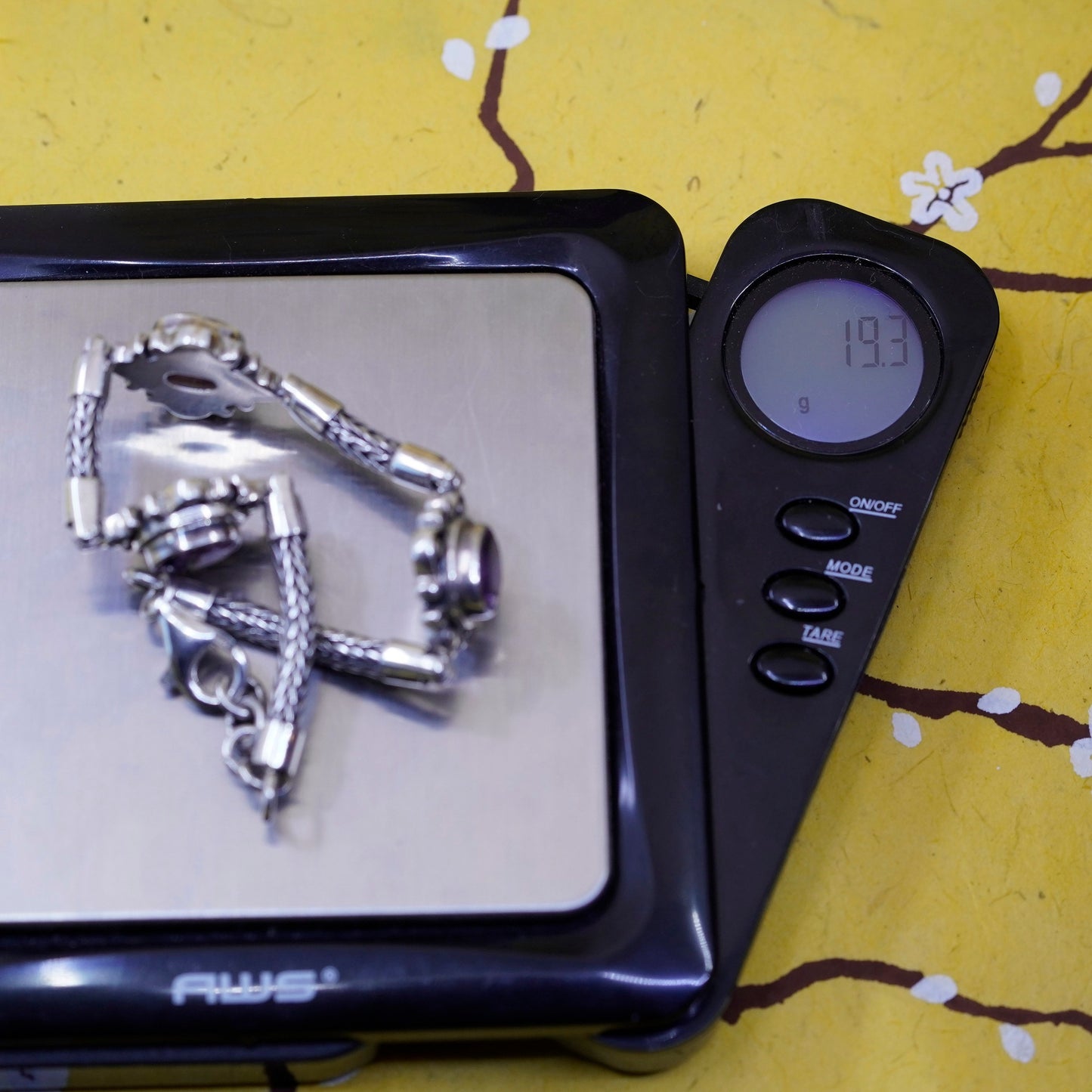 7.25”, Sterling silver handmade bracelet, bold 925 wheat chain amethyst