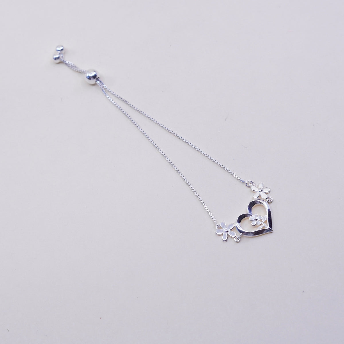 Size adjustable, sterling silver bracelet, fine 925 box chain w/ heart N flower