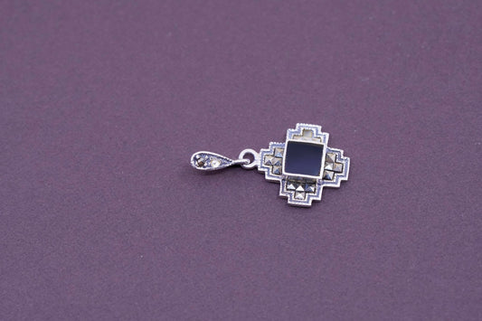 Vintage Sterling 925 silver handmade sided pendant with obsidian and marcasite