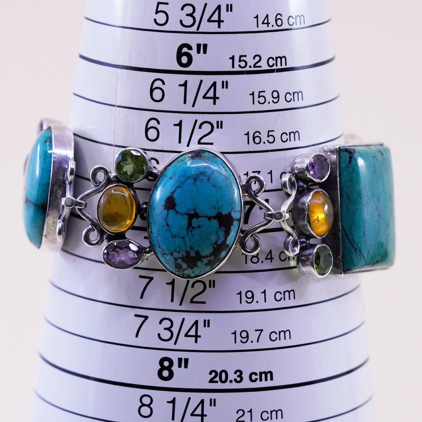 7.25”, southwestern Sterling 925 silver bracelet with dry creek turquoise amber