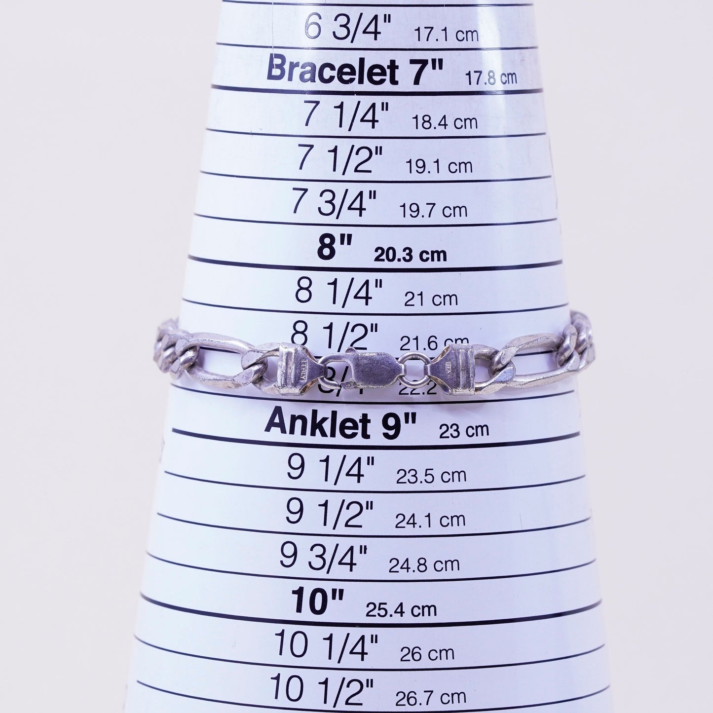 8.75”, 10mm, Vintage sterling silver men’s bracelet, Italy 925 Figaro chain
