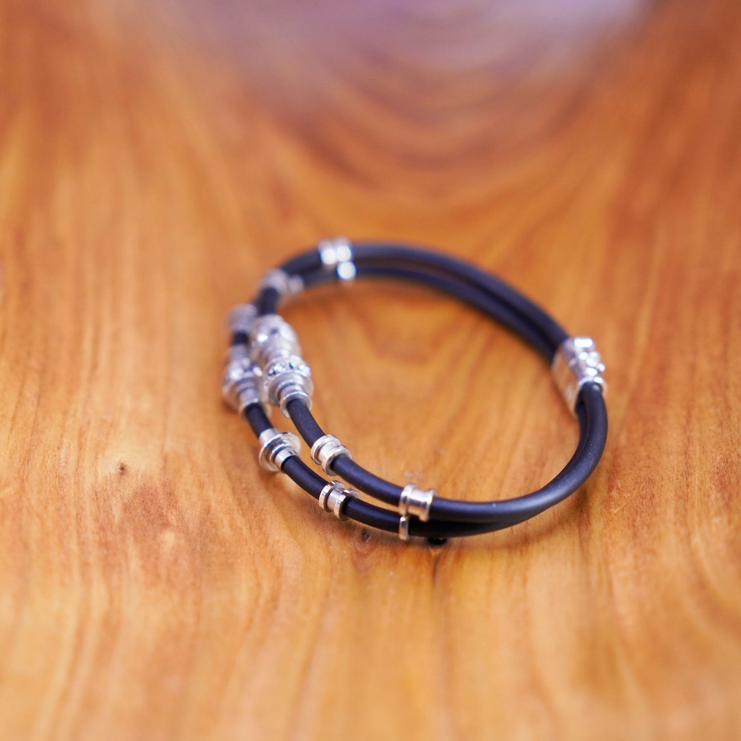 7”, double strands black rubber bracelet sterling 925 silver tube and cz charms