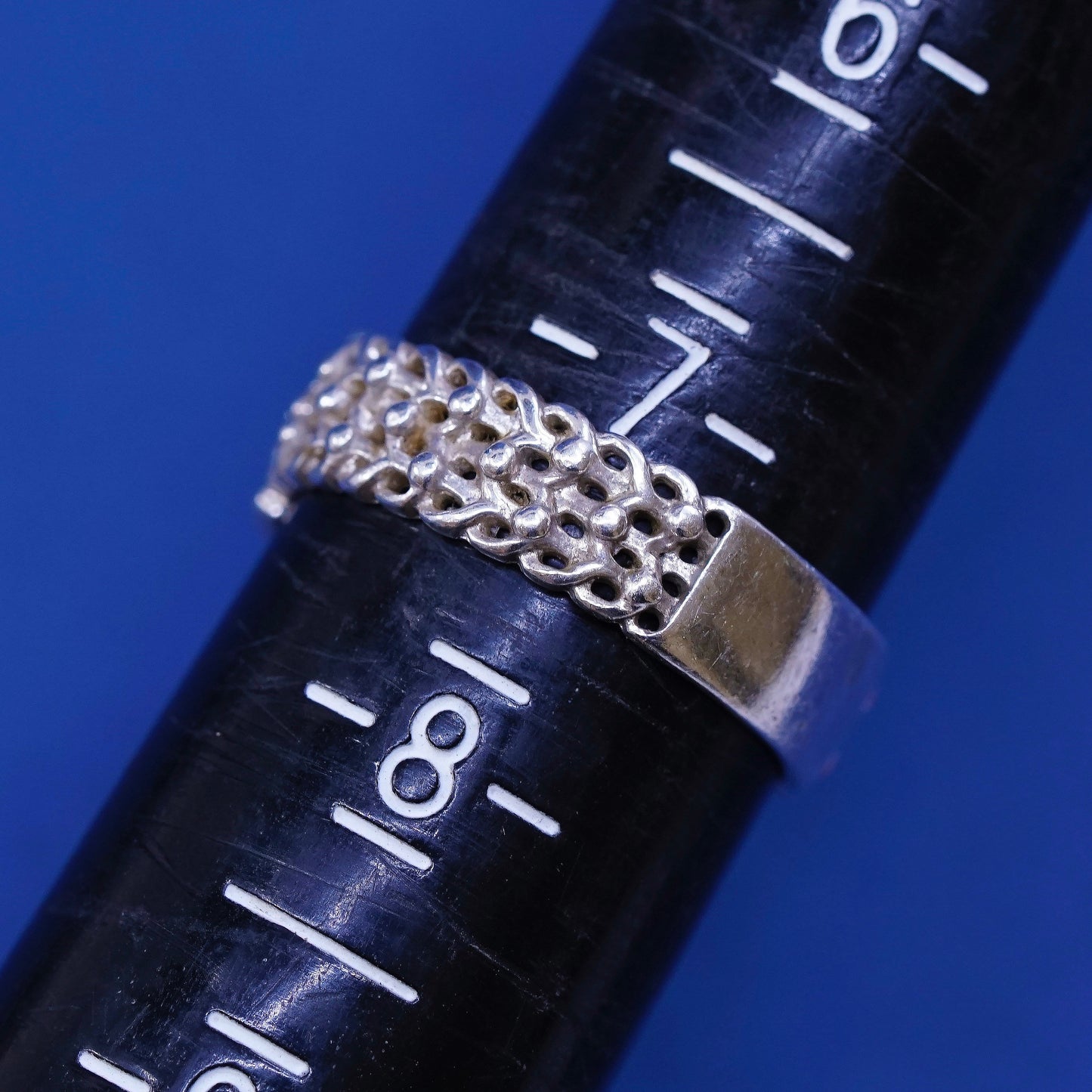 sz 7.25, vtg sterling silver handmade ring, 925 filigree belt band