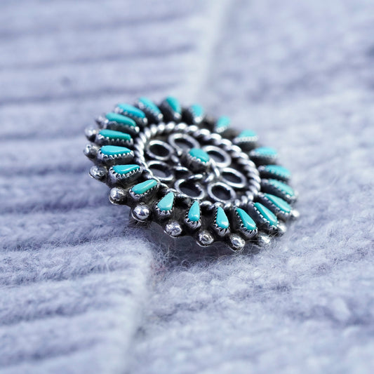 Native American Sterling 925 silver handmade flower pendant brooch turquoise