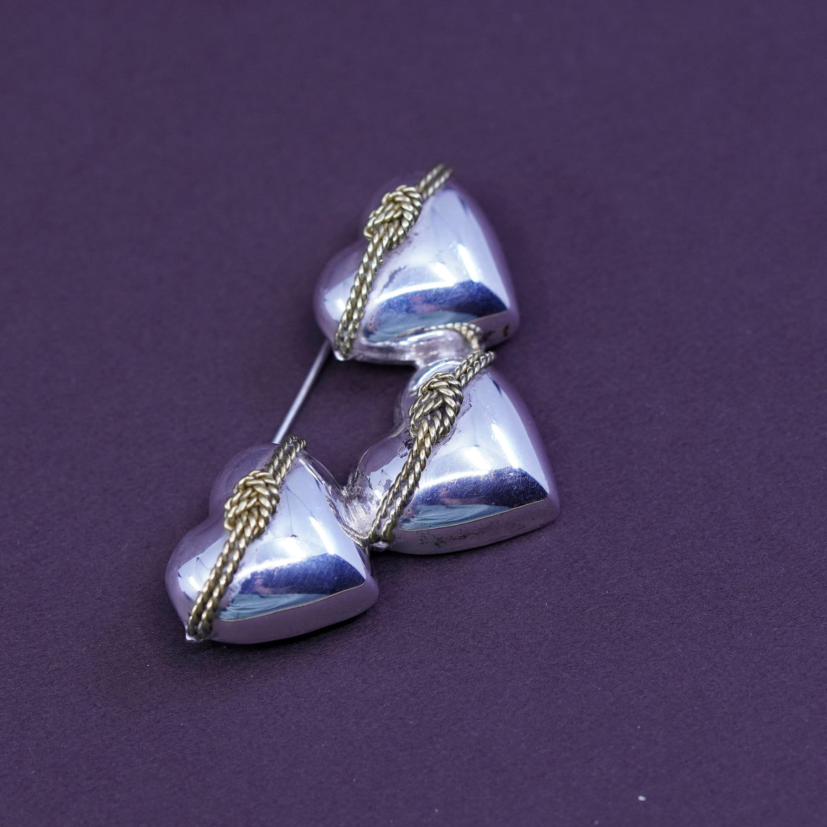 Vintage mexico handmade two tone sterling 925 silver heart brooch