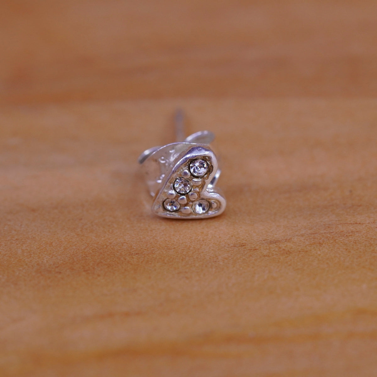 Vintage Sterling silver handmade earrings, 925 heart studs with cz