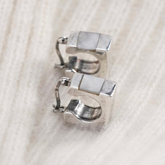 0.5”, sterling silver earrings, square 925 hoops, Huggie with mother of pearl