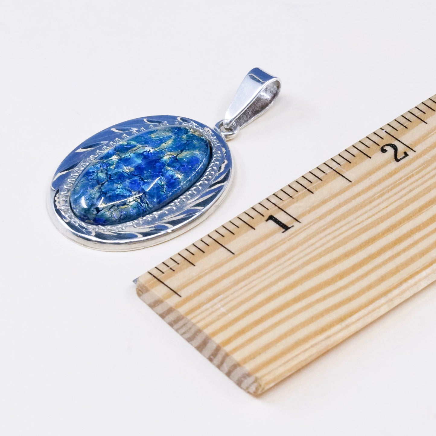 vtg JLR sterling silver w/ handmade oval shaped dichroic foiled glass pendant