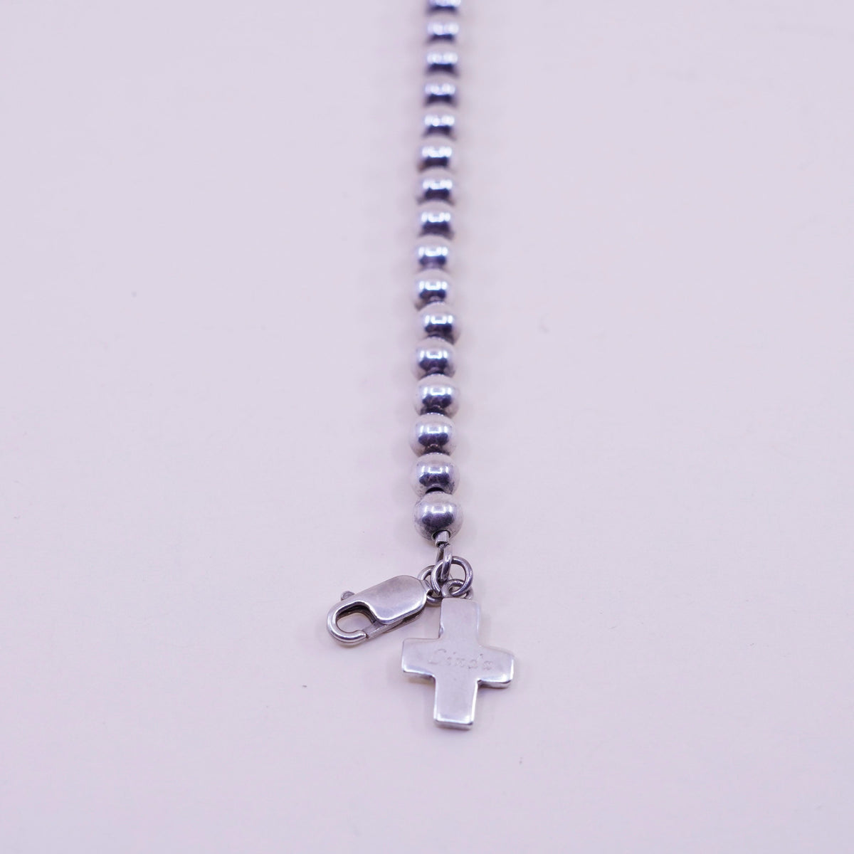 7”, Vintage sterling silver bracelet, 925 beads chain cross charm name “Linda