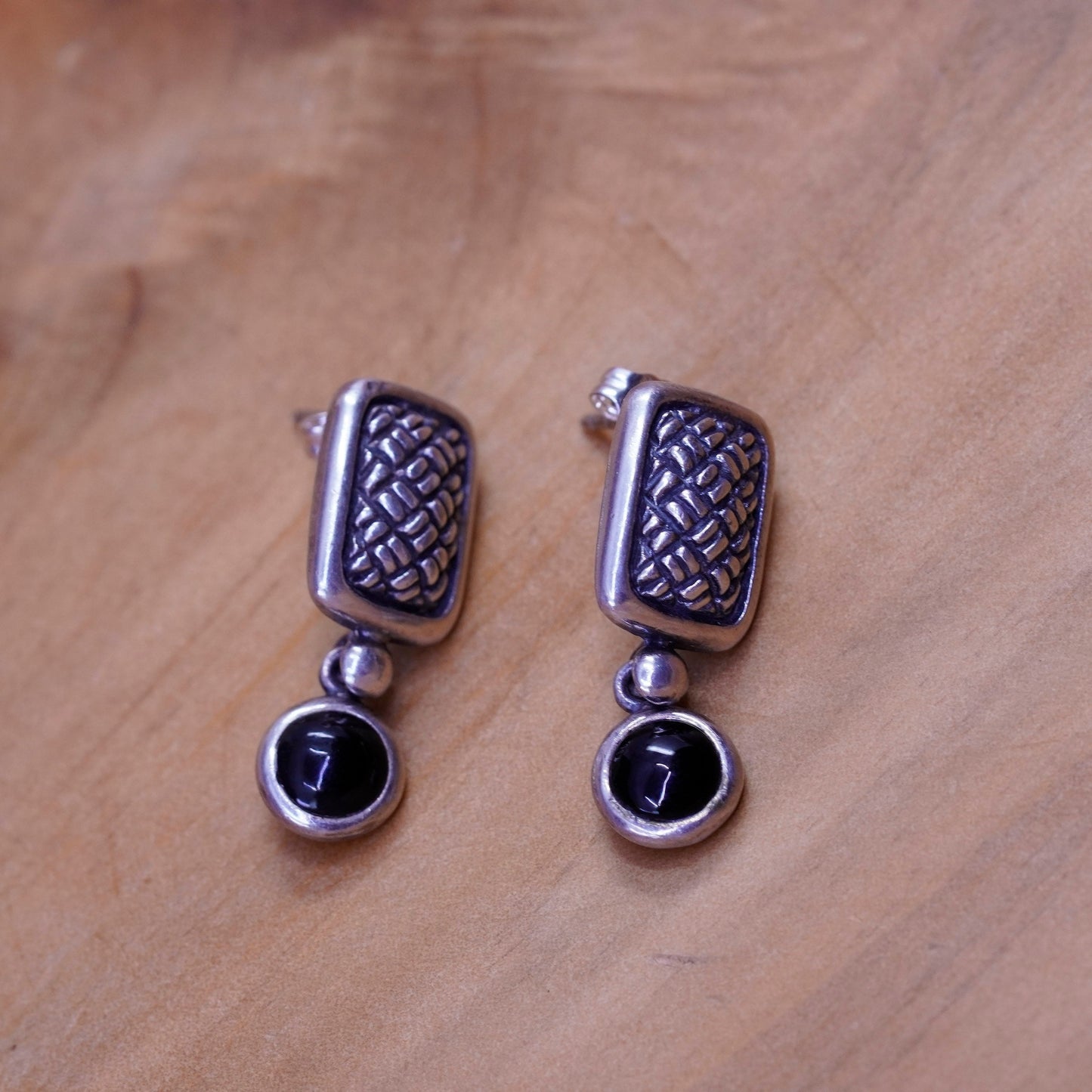 Sterling silver handmade earrings, textured 925 rectangular obsidian beads