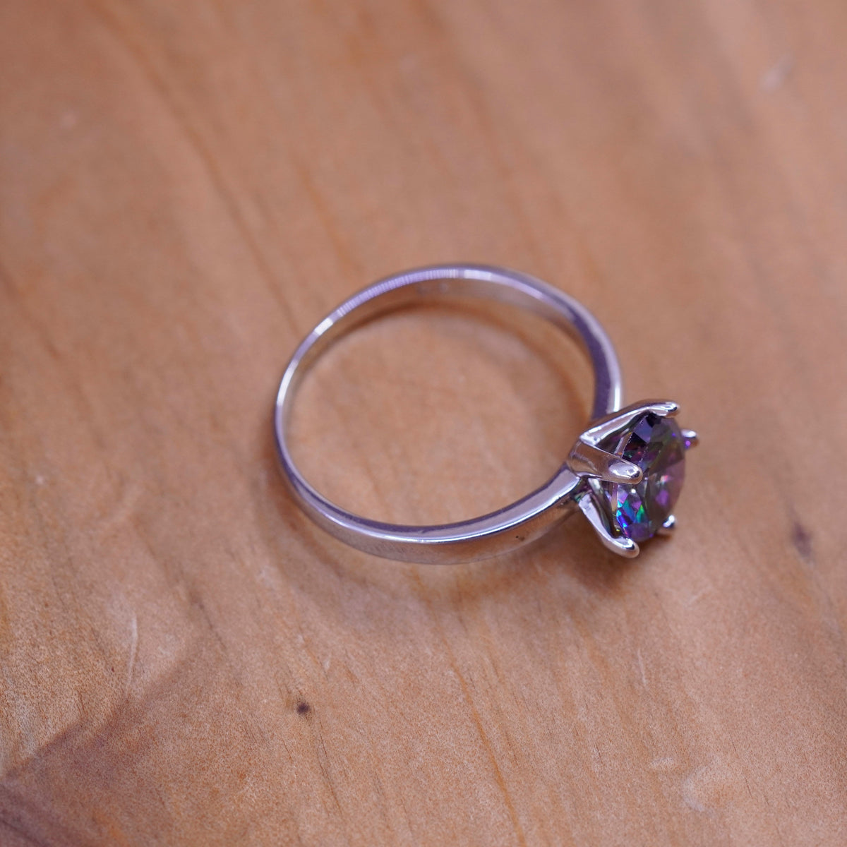 Size 9, vintage Sterling 925 silver engagement ring with rainbow topaz