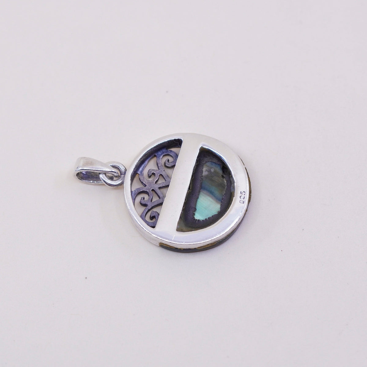 vtg sterling silver handmade pendant, mexico 925 filigree circle with abalone