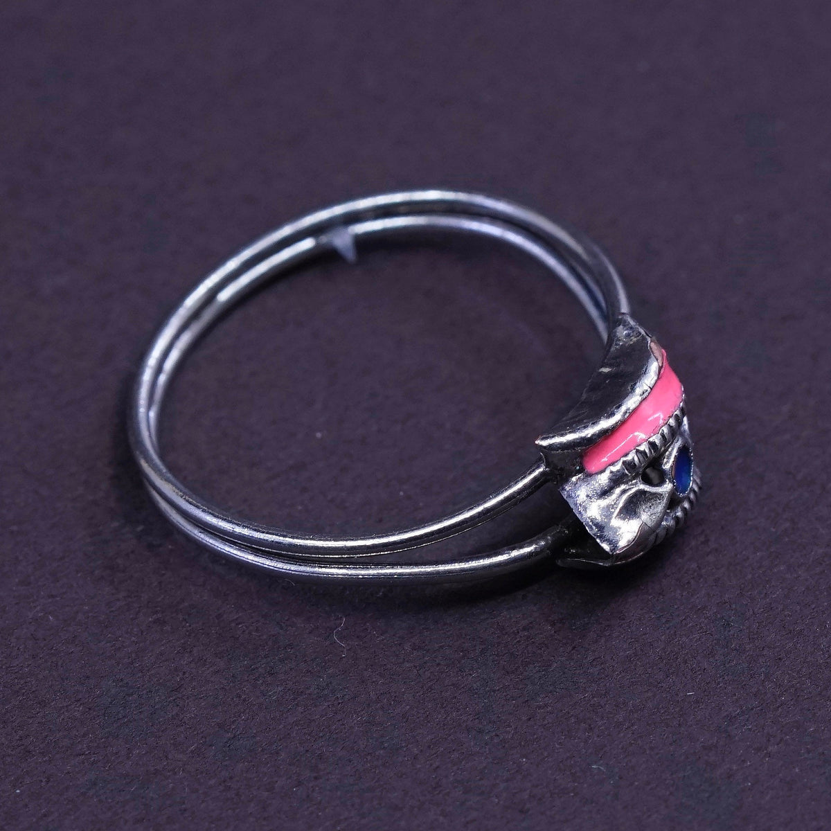 Size 5, vintage Sterling 925 silver pink enamel handmade ring, silver tested