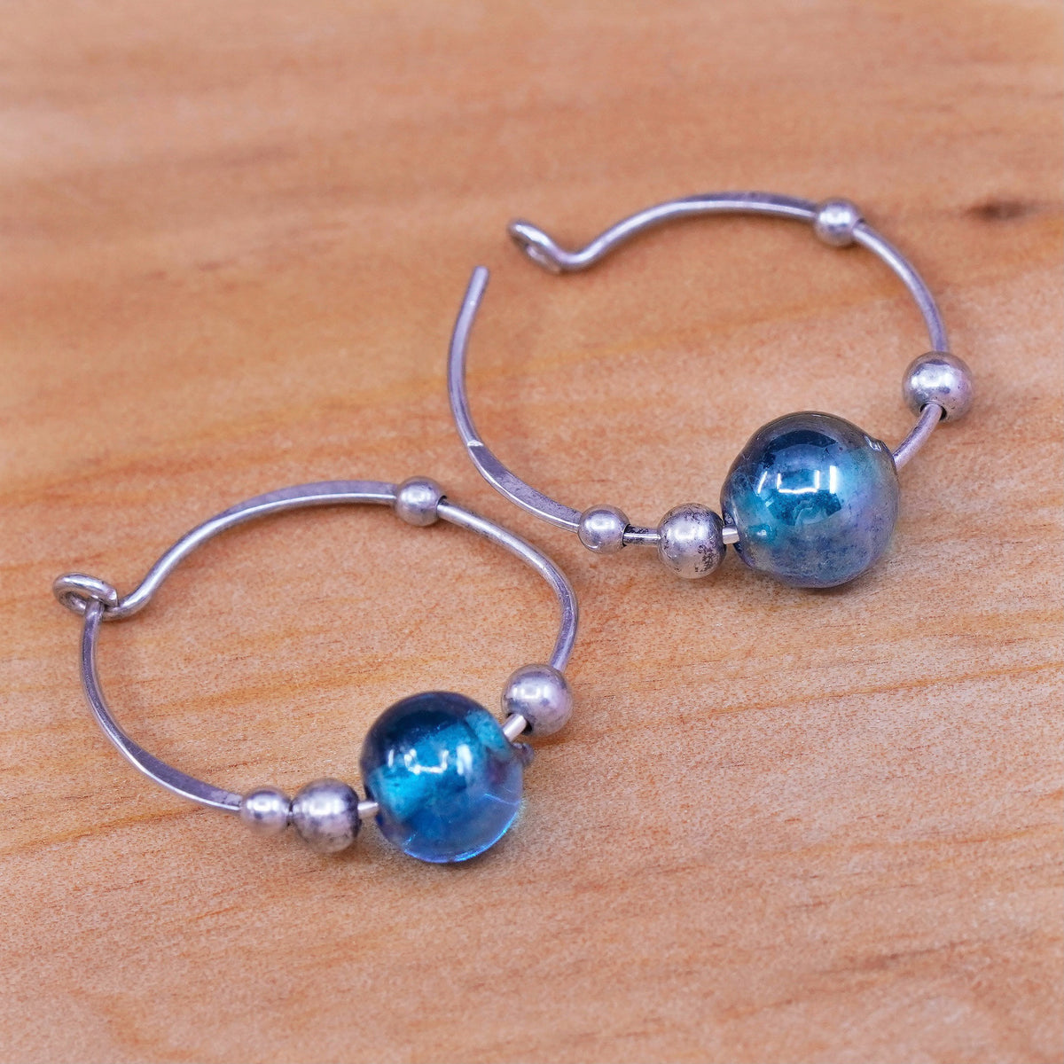 Vintage Sterling silver handmade earrings, 925 hoops with blue glass beads