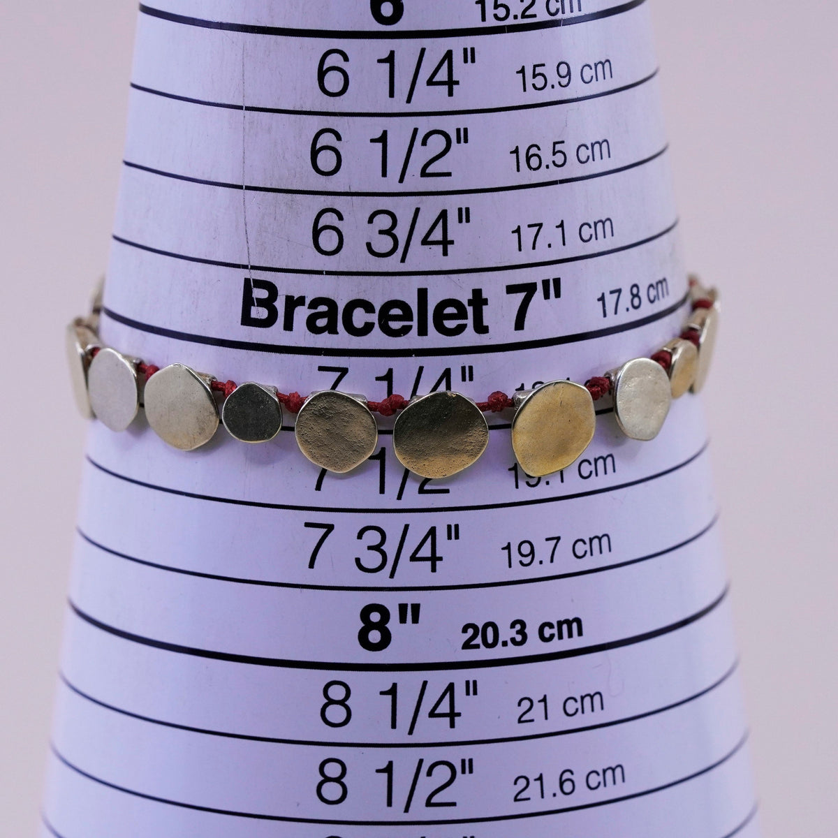7.25”, vintage gold over Sterling 925 silver bracelet, red linen thread discs