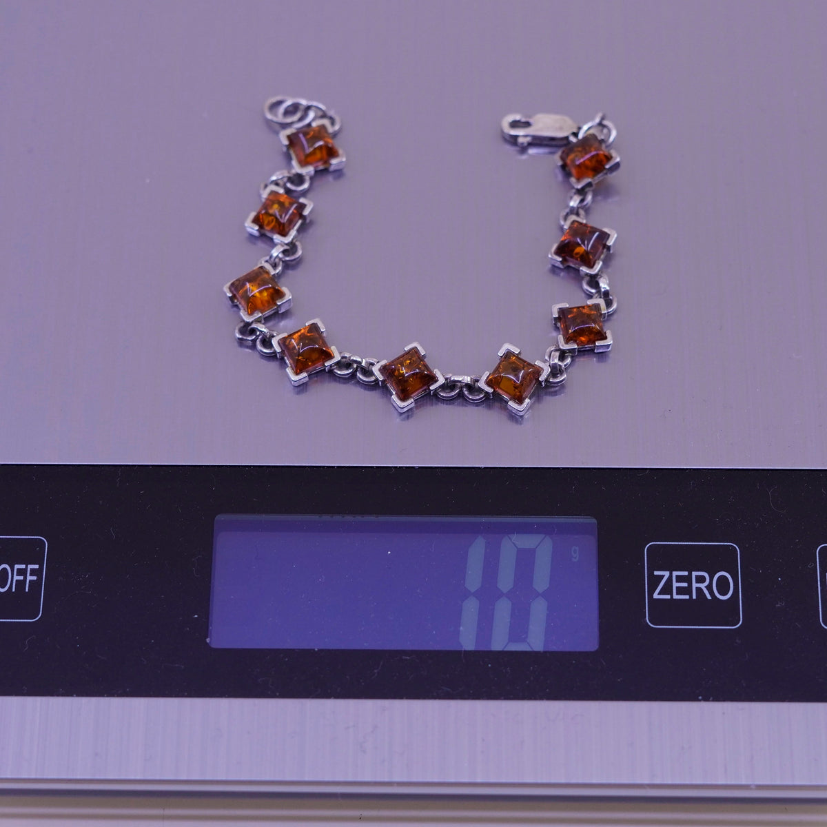 6.5”, Vintage sterling 925 silver handmade tennis bracelet with square amber