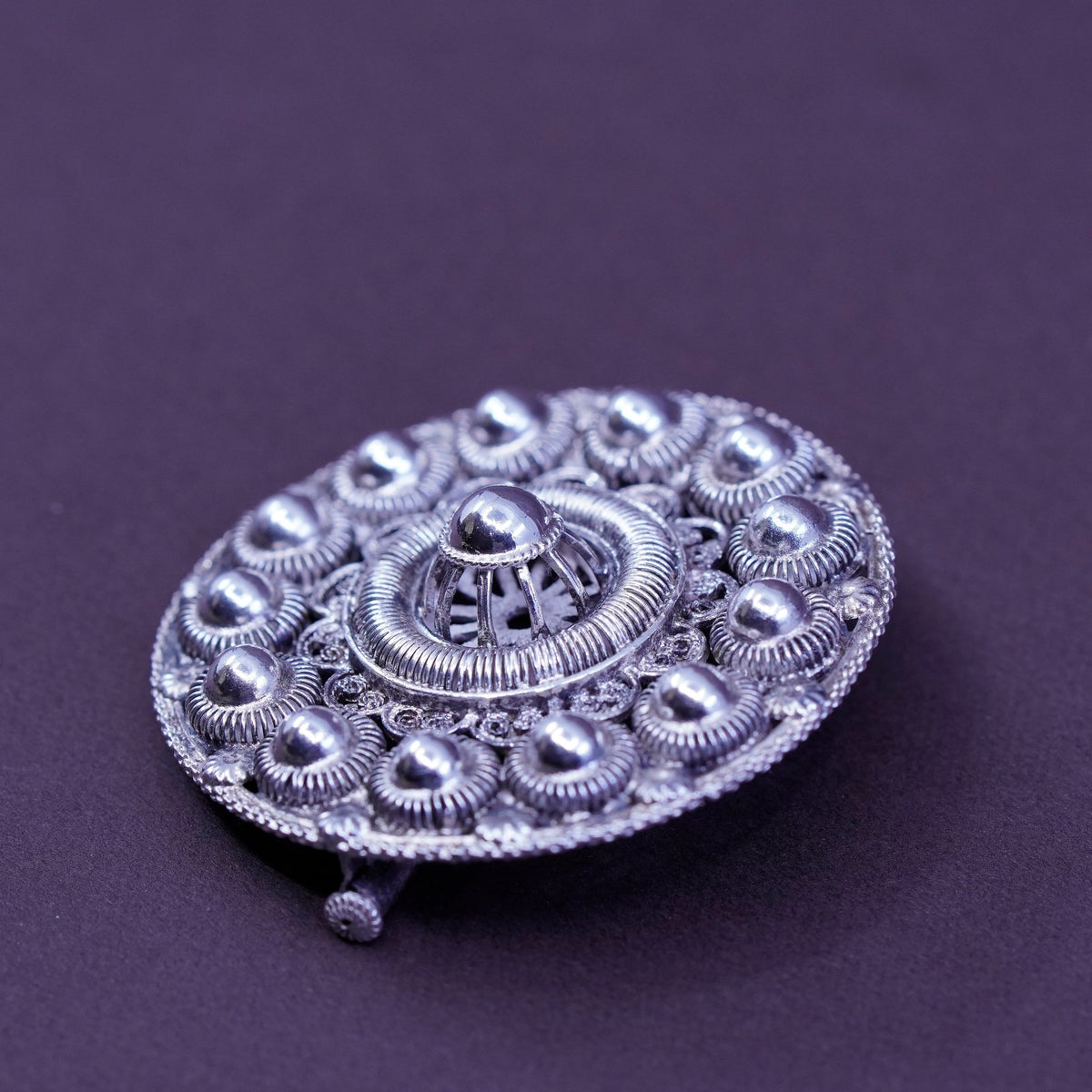 Vintage handmade sterling silver round shaped filigree bead brooch