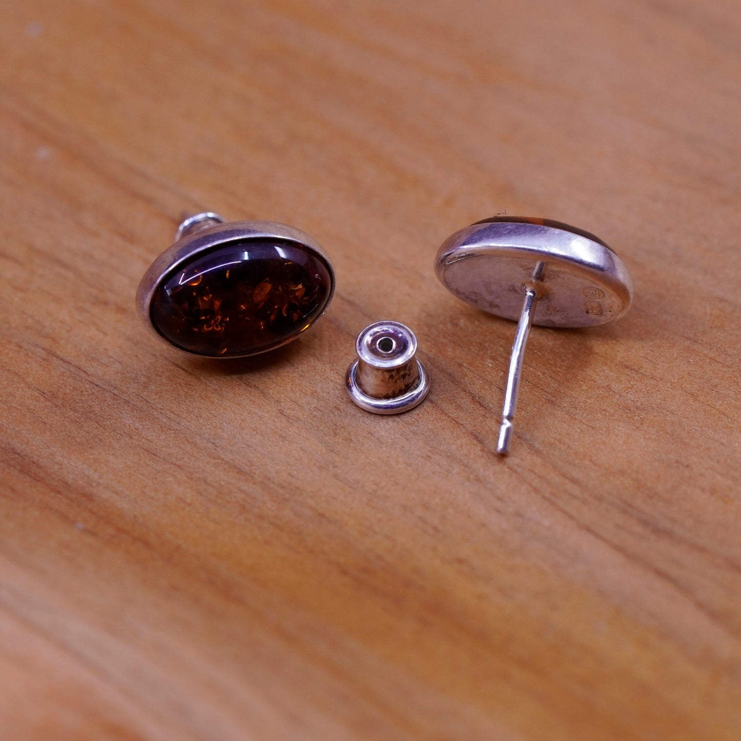 Vintage Sterling 925 silver handmade studs earrings with amber inlay