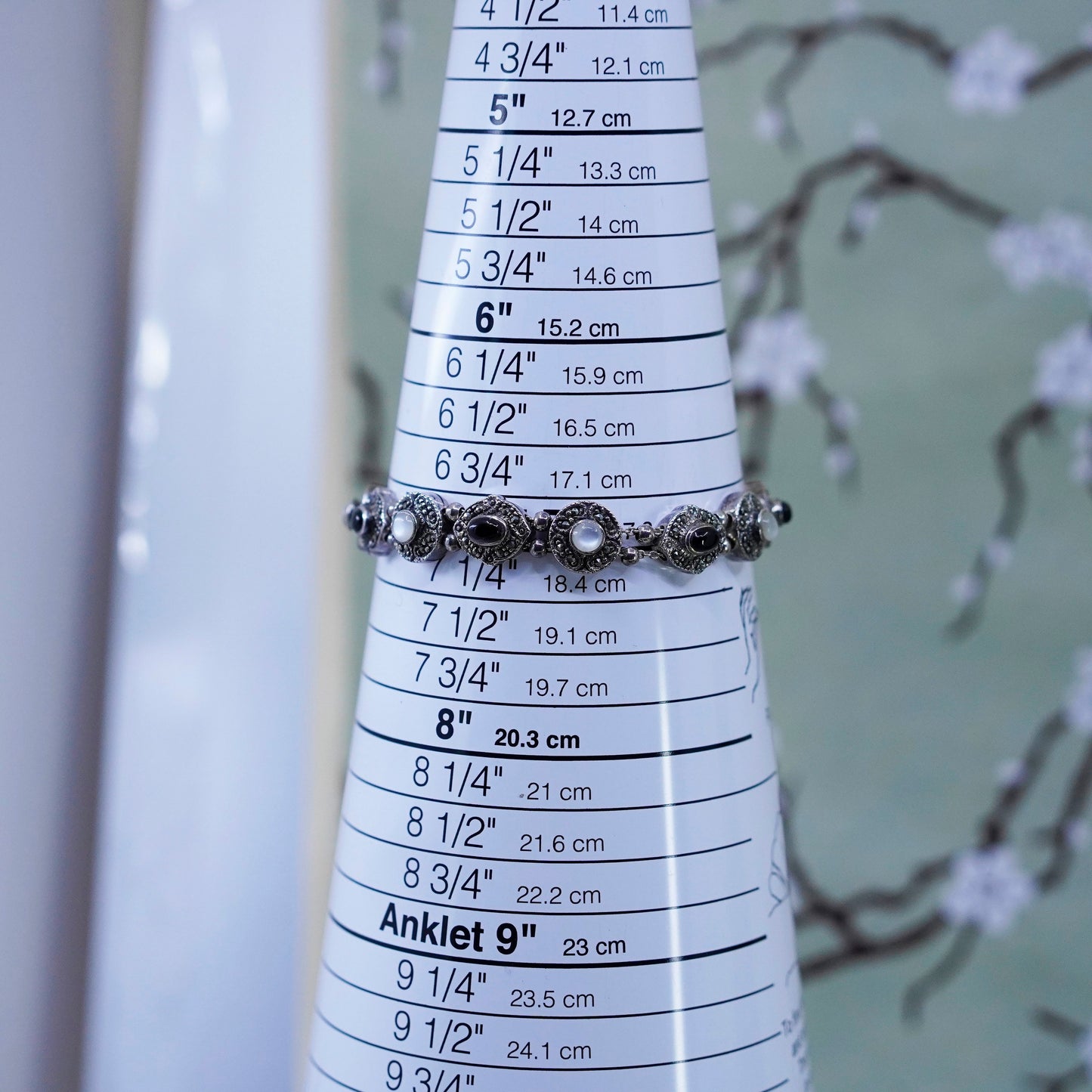 7”, Sterling 925 Silver chain, tennis Bracelet with marcasite onyx moonstone