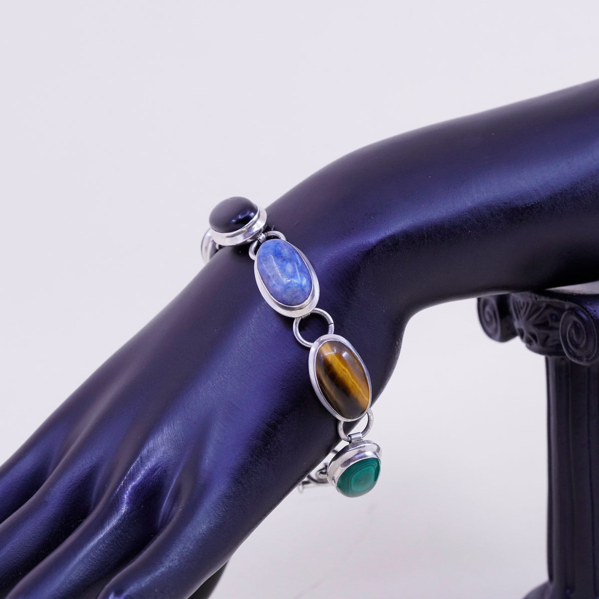 6.75+1”, Sterling silver handmade bracelet, Mexico 925 sodalite onyx tiger eye