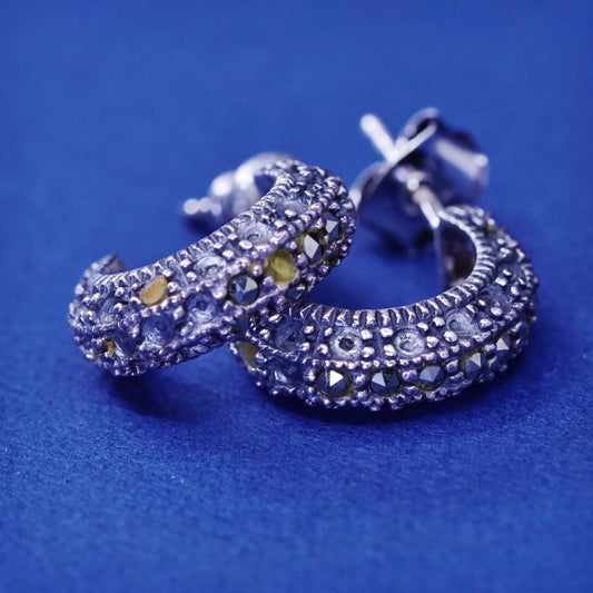 0.5”, Sterling silver handmade earrings, 925 hoops w/ marcasite details, huggie