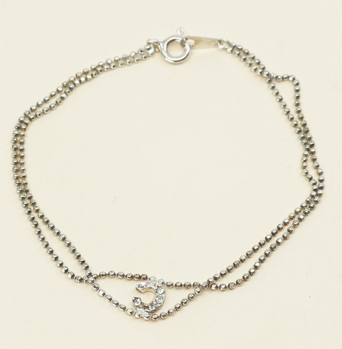 7", 1mm, vtg silver bracelet, 925 double strands beads w/ C N crystal