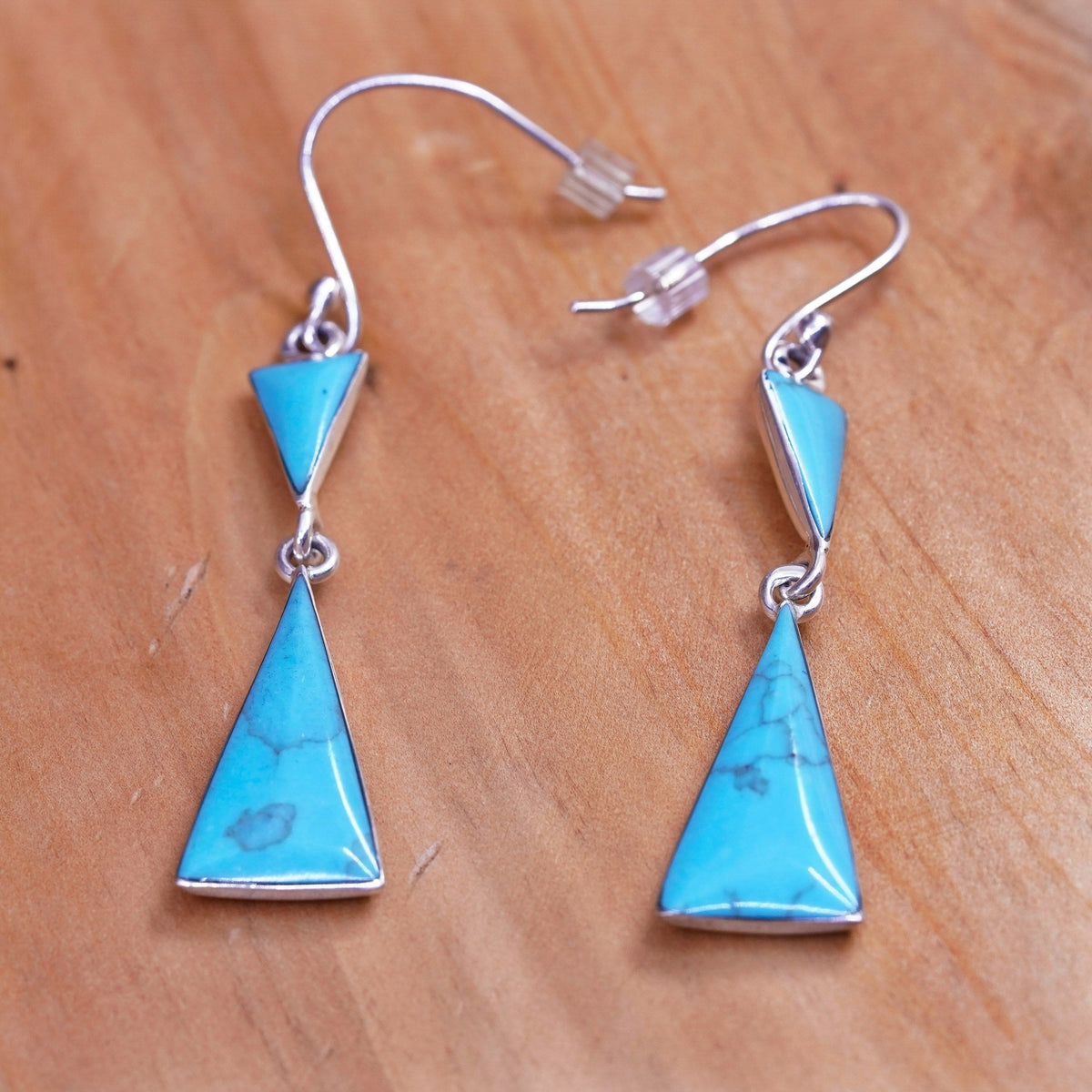 Vintage Sterling 925 silver handmade triangular earrings with turquoise