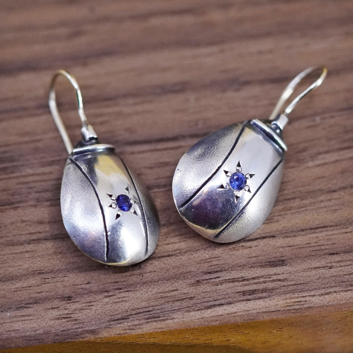 Sterling 925 silver teardrop earrings with sapphire and 14K yellow gold wire