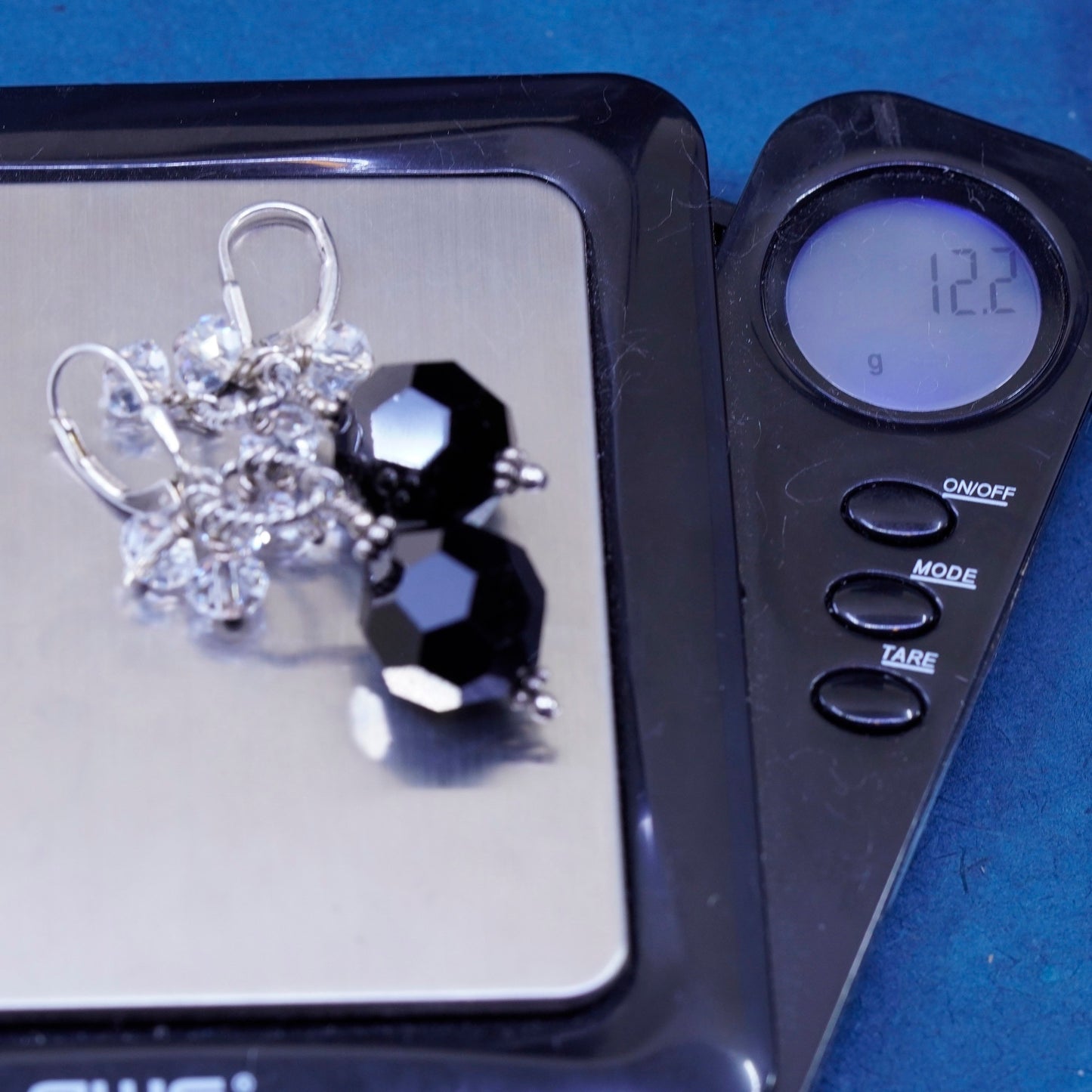Vintage Sterling 925 silver handmade earrings w/ black crystal cluster crystal