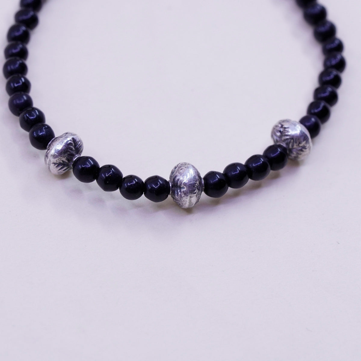 6.25”, Vintage Sterling 925 silver bracelet with obsidian beads