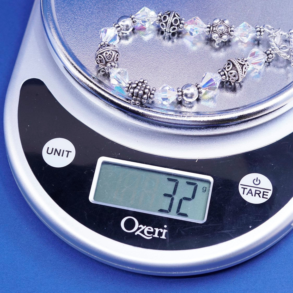 7.25”, sterling silver handmade bracelet, 925 w/ crystal beads N toggle closure