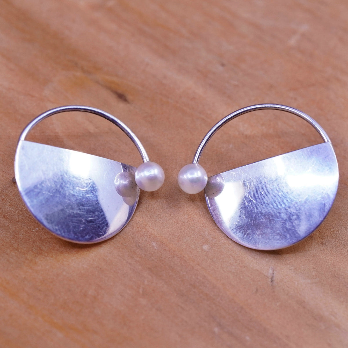 Vintage Sterling silver handmade disc studs, circle earrings with pearl