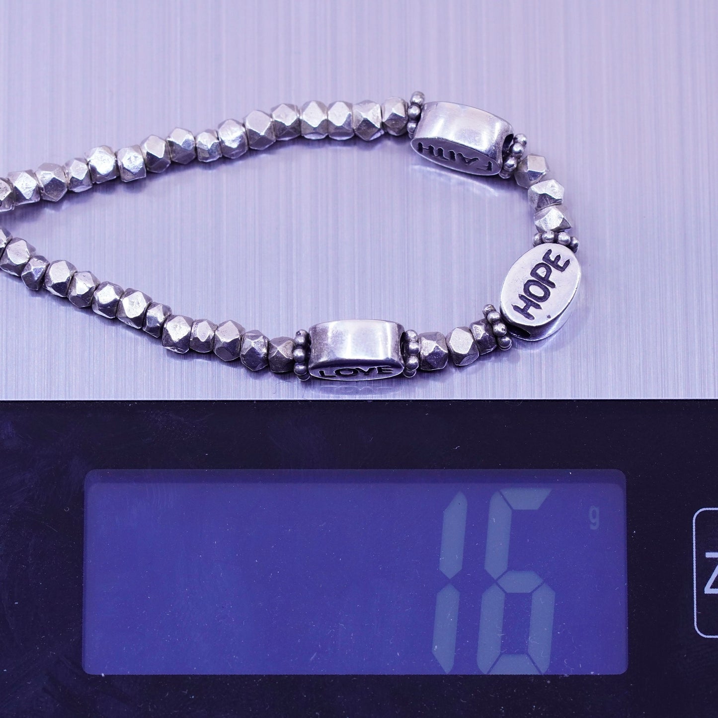 7”, sterling silver handmade bracelet, nugget 925 beads with “love hope faith