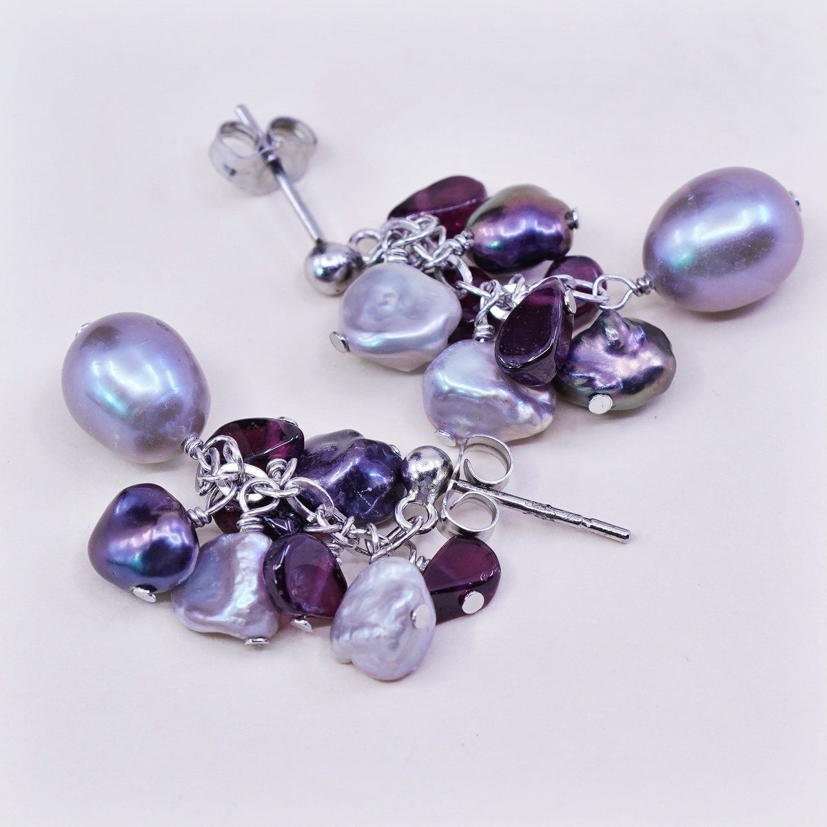 Sterling 925 silver handmade earrings with cluster gray pearl amethyst nuggets