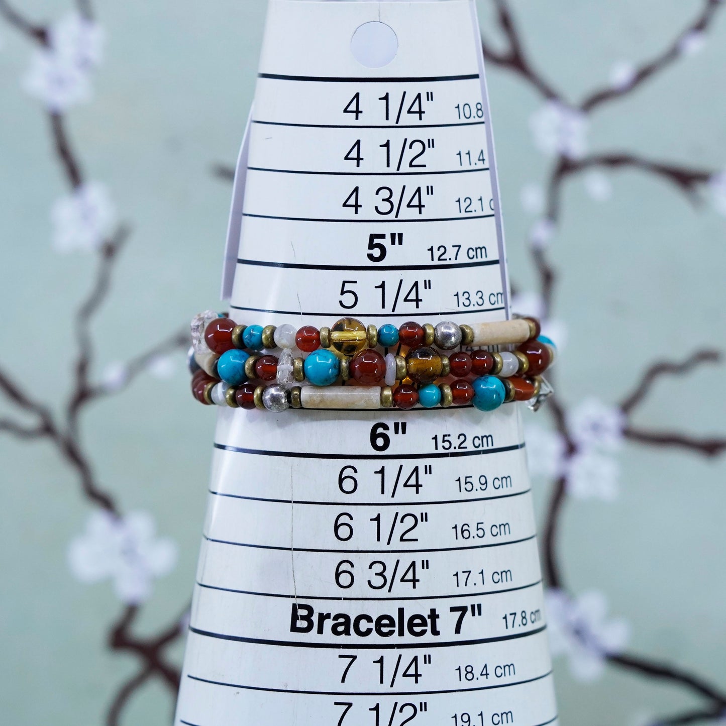 5.5+1”, southwestern 925 Sterling silver bracelet garnet beads jasper turquoise