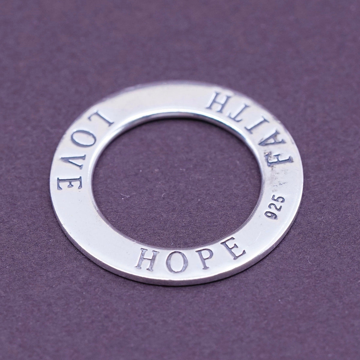 vtg sterling silver handmade pendant, 925 circle with “love hope faith”