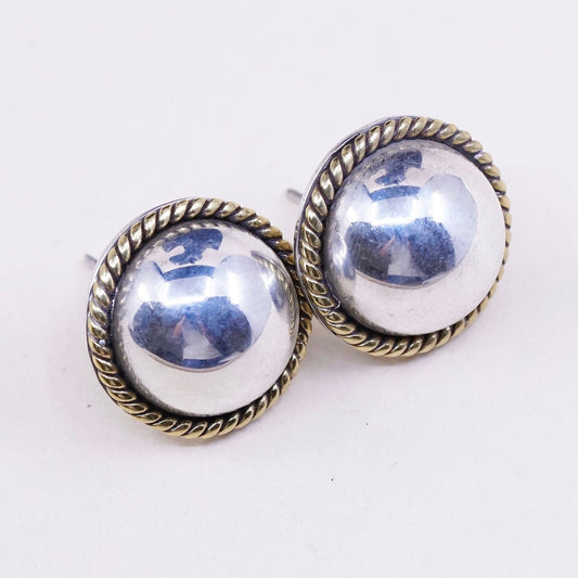 0.5”, vtg sterling silver button studs, handmade 925 earrings with brass rope