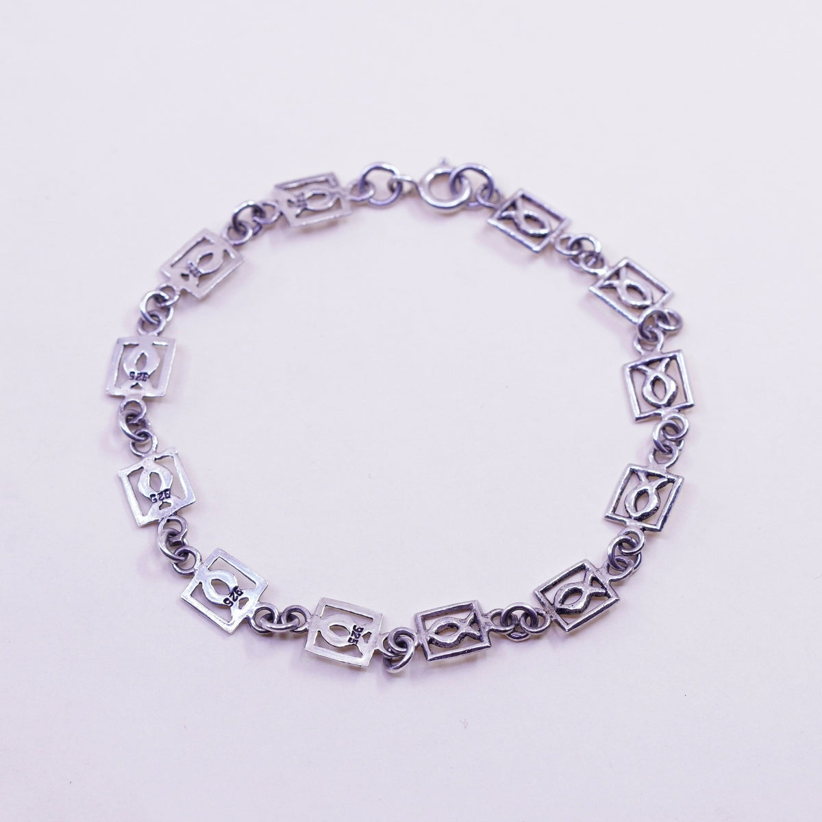 7.5”, Vintage sterling silver handmade bracelet, 925 silver fish link chain
