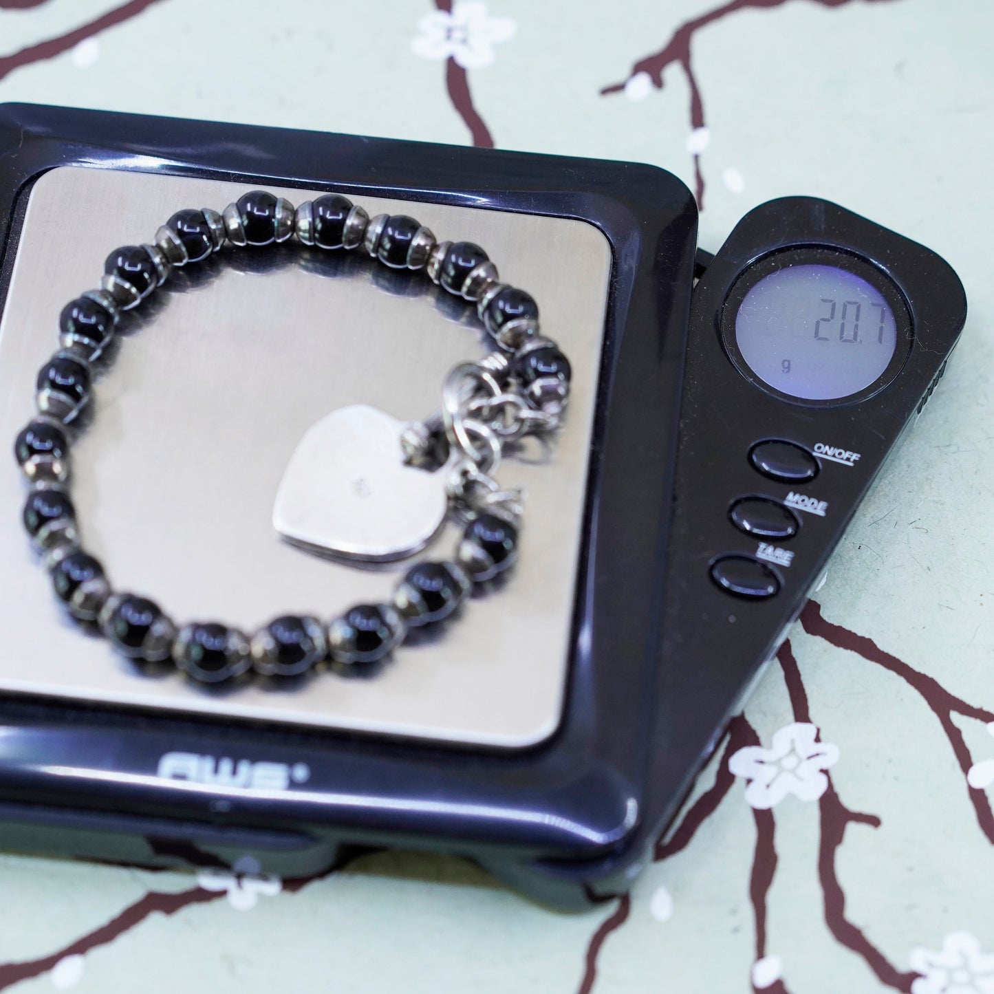 7”, Sterling 925 silver bracelet with obsidian bead chain and heart closure