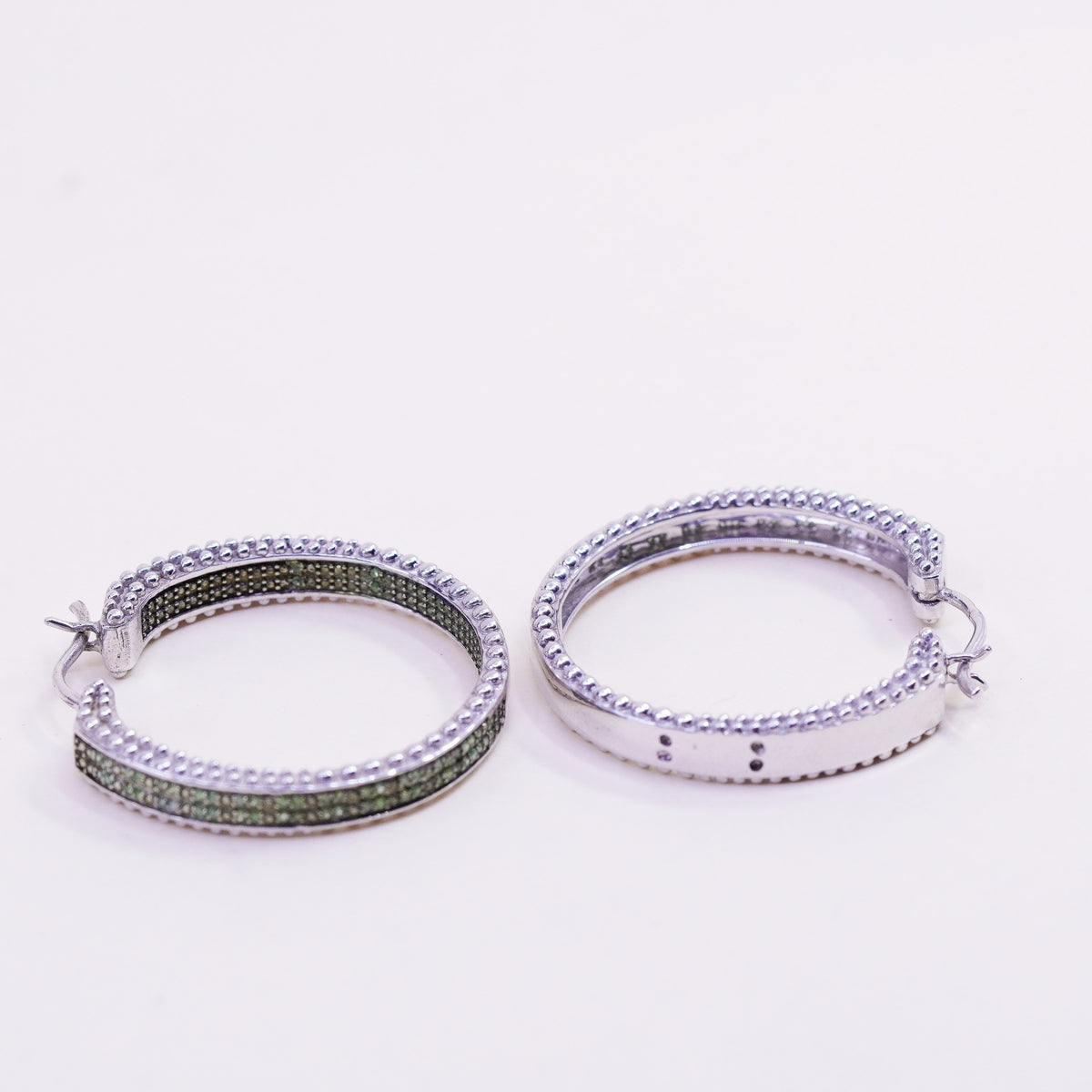 1.25”, sterling silver earrings, 925 silver hoops, Huggie with cluster emerald