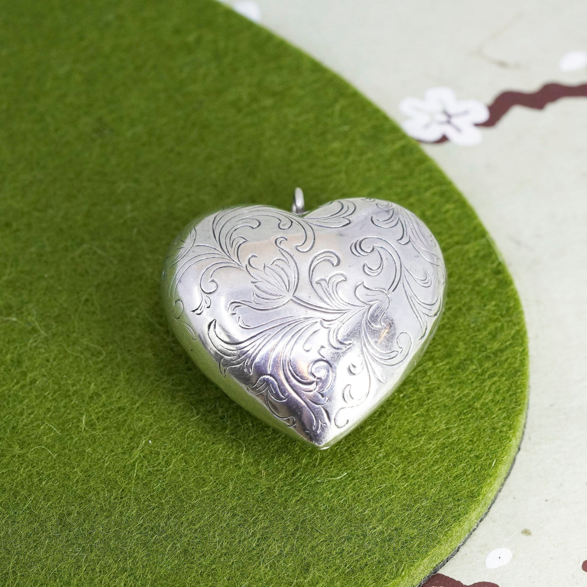 Vintage handmade sterling silver puffy heart, textured 925 charm pendant