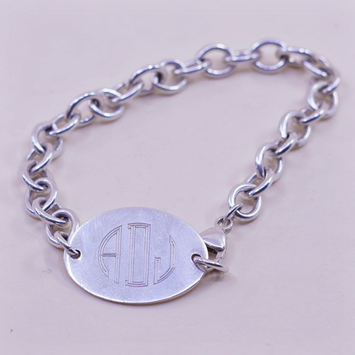 7”, Vintage sterling silver circle chain, 925 bracelet monogram initial “ADJ”