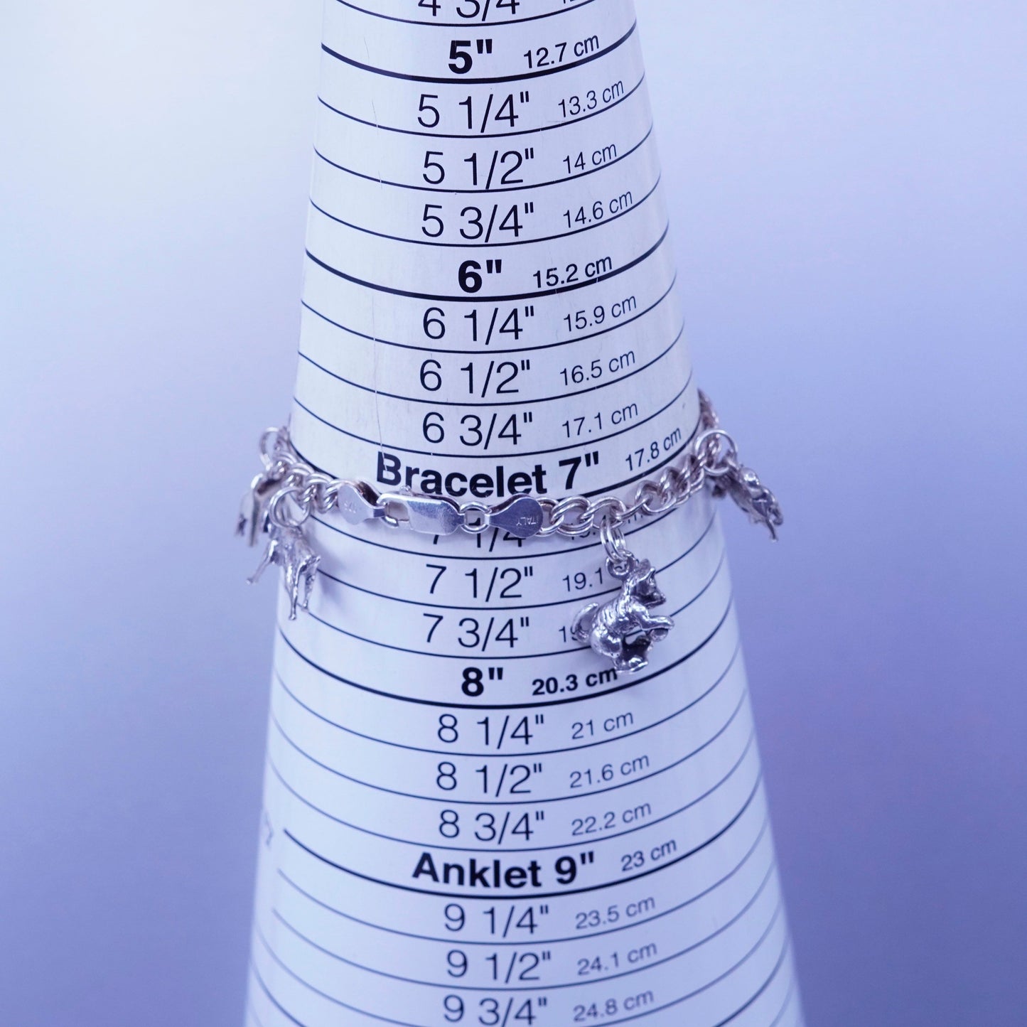 7”, Italy Sterling 925 silver bracelet curb chain dog puppy kitty cat bone bowl