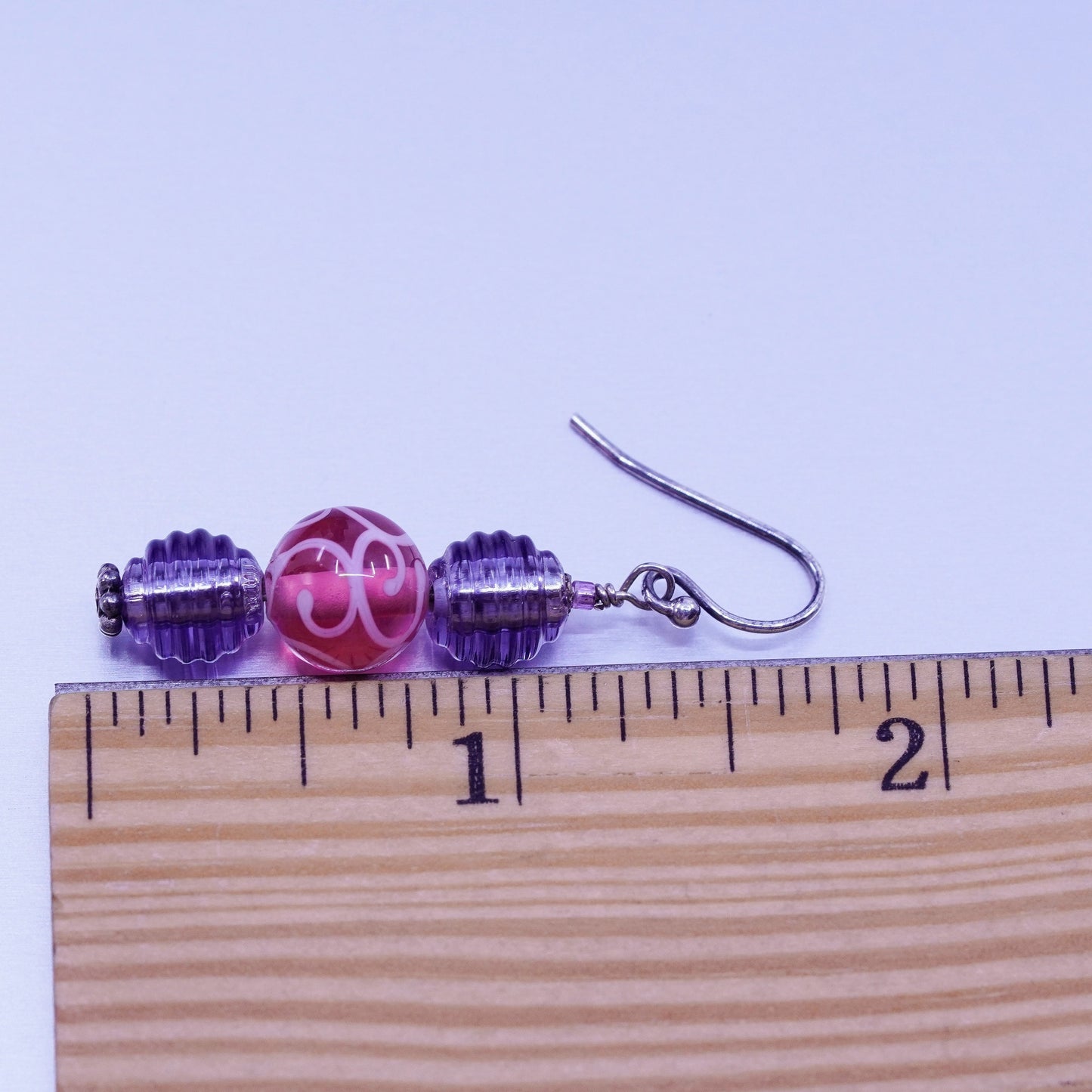 Vintage Sterling 925 silver earrings with artisan purple pink glass beads