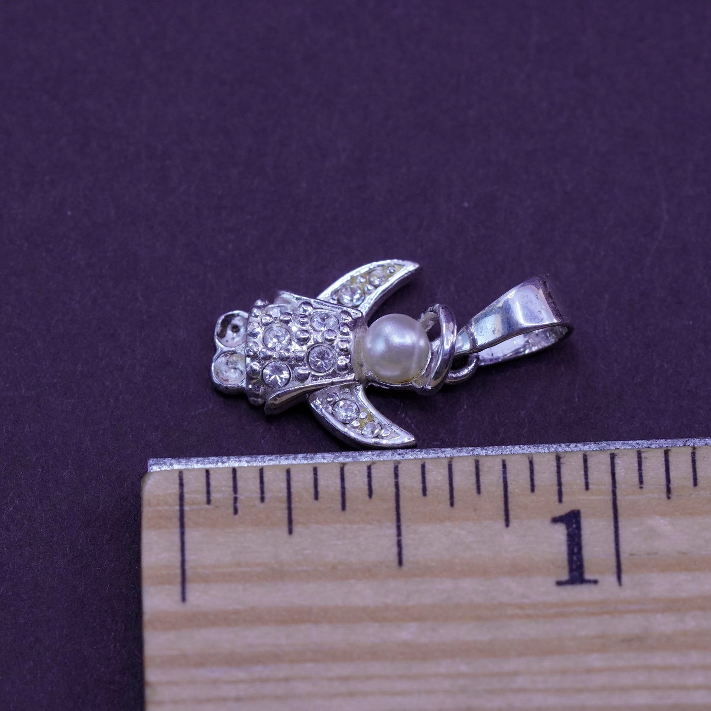 Vintage Sterling silver handmade pendant, 925 angel charm with crystal