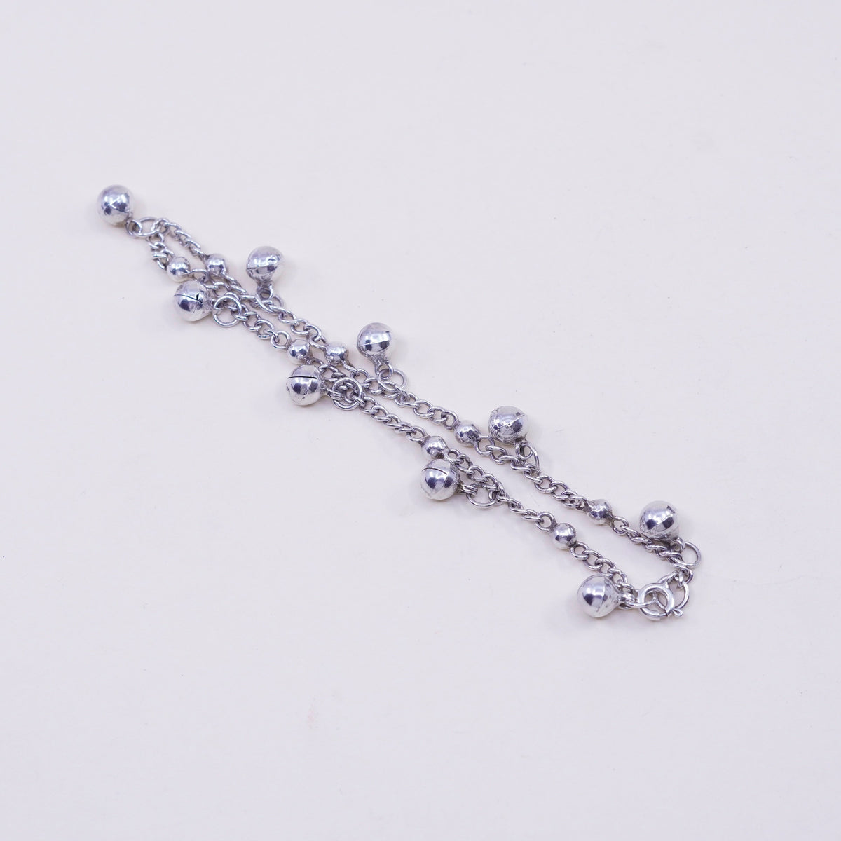 9”, Sterling Silver Bracelet, 925 belly dancer chain anklet chime bell charms