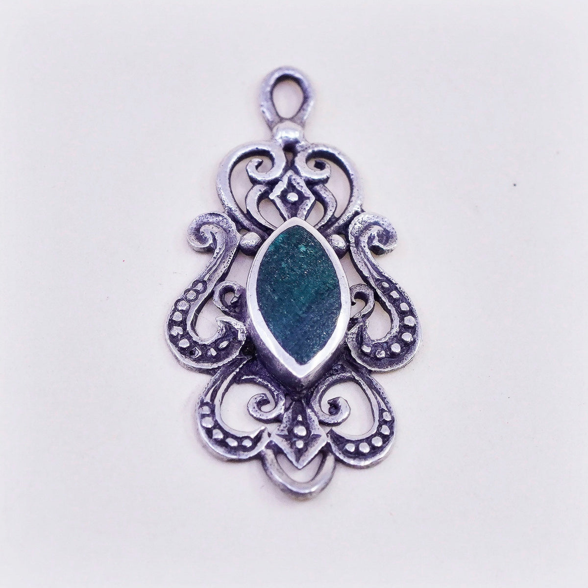 Vintage Sterling silver handmade pendant, 925 filigree malachite charm